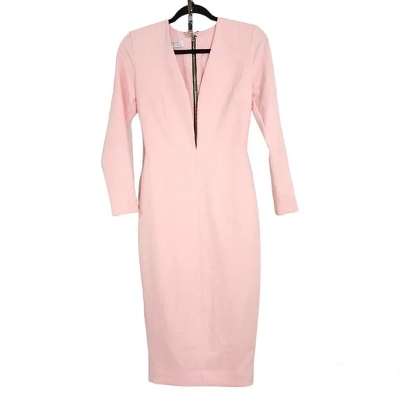 House of CB Womens Dress Dominique Baby Pink Full Zip Deep V Neck Bodycon Sz XS - Picture 1 of 12
